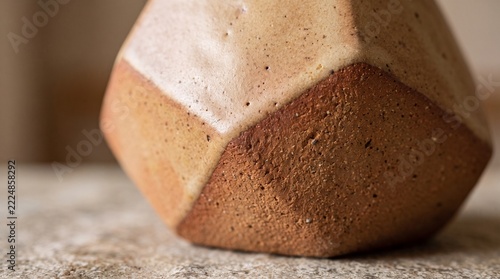 Geometric Ceramic Vessel: A close-up shot highlights the unique geometric facets and earthy tones of a handmade ceramic vessel, showcasing its artisanal craftsmanship and rustic texture.