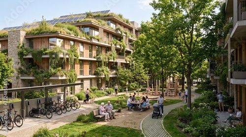 Eco-friendly Residential Complex: A sustainable apartment building complex features a green roof, solar panels, and lush landscaping, blending modern architecture with nature.