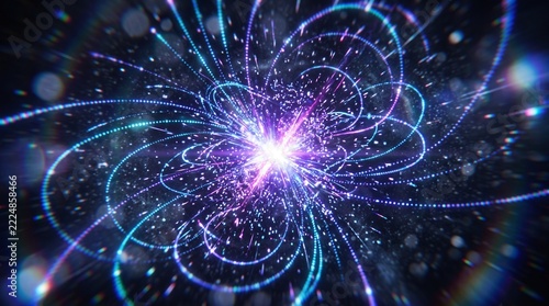 Abstract Energy Burst: A vibrant explosion of cosmic energy, depicted by swirling particles of purple and blue light, creates a mesmerizing and dynamic abstract visual.