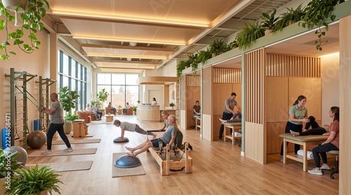 Rehabilitation Center Oasis: A bright, airy rehabilitation center filled with natural light, plants, and modern equipment, where individuals engage in physical therapy and recovery activities.