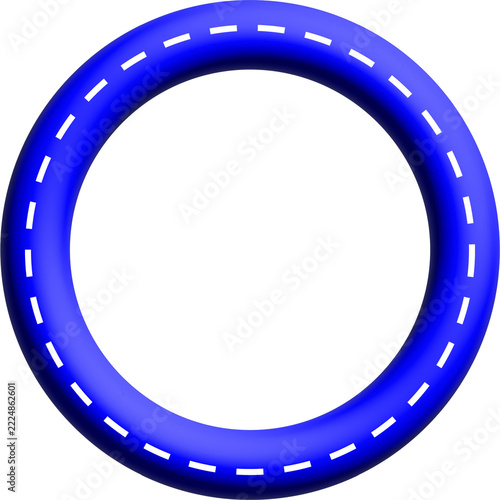 Blue ring, glossy 3D circle with white dashed stitch line, round frame decoration