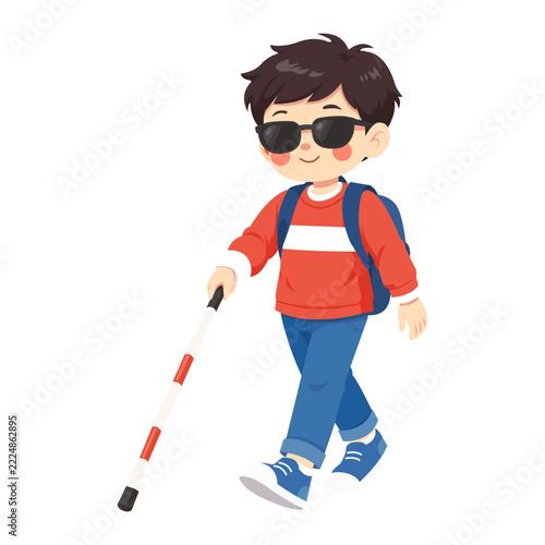 Blind Boy Walking With A White Cane