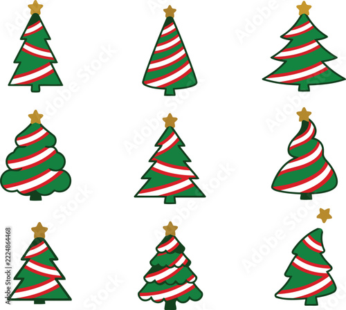 Candy cane christmas tree set vector illustration with red and white striped ribbons and star toppers