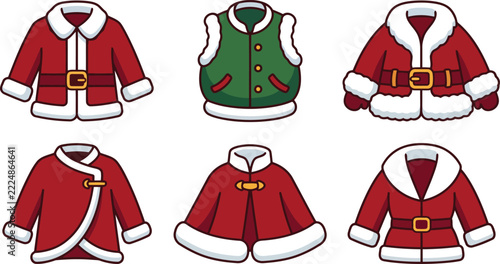 Santa coat set vector illustration with red jacket elf vest cape and fur trim