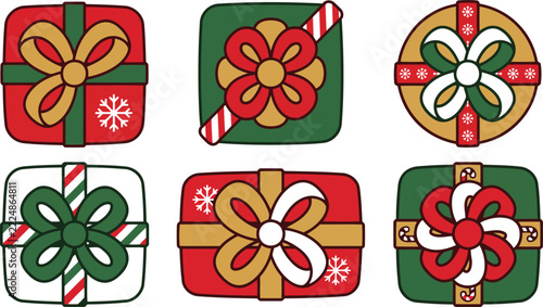 Top view christmas gift box set vector illustration with decorative bows and candy cane ribbons