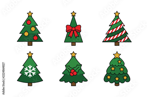 Christmas tree set vector illustration with red bow candy cane ribbon snowflake and holly berry
