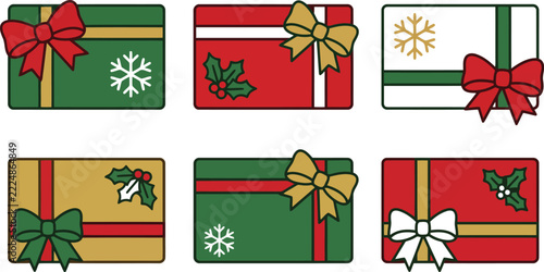 Christmas gift card set vector illustration with festive ribbons bows snowflake and holly berries