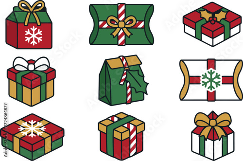 Christmas gift box and pillow box set vector illustration with festive ribbons snowflake and holly leaves