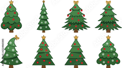 Christmas tree set vector illustration with red baubles star topper and snowflakes