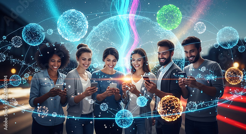 Group of diverse friends using smartphones surrounded by digital glowing network graphics