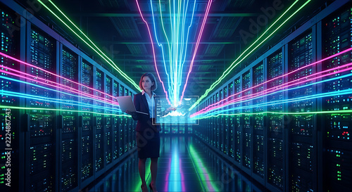IT specialist standing in server room with laptop and glowing fiber optic lights