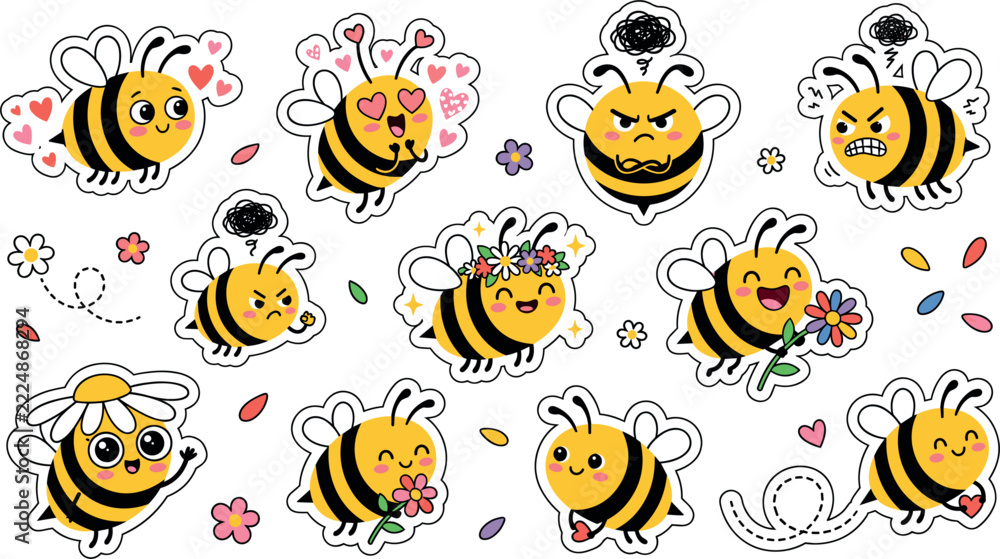 Fototapeta premium Cute honey bee cartoon sticker set, bumblebee character with flowers and various emotional expressions collection, vector die-cut badge illustration isolated on white background