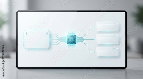 Modern computing dashboard layout with central blue processor unit and data node links.