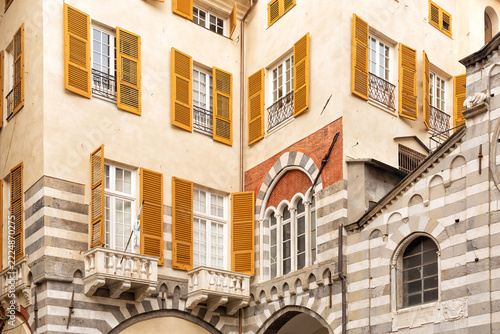Exterior view of details of the architecture of historic buildings within the Plaza San Matteo, Genova