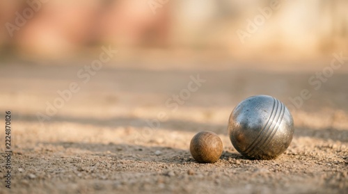 Close-up of two petanque balls on a dirt ground.