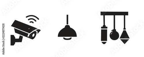 Smart home icon set, wifi security camera, pendant lamp and hanging light fixtures, black silhouette vector