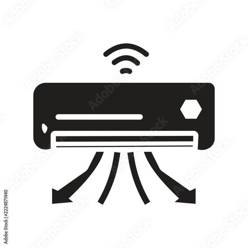 Smart air conditioner icon with wifi signal and cool air flow, home climate control, black silhouette vector