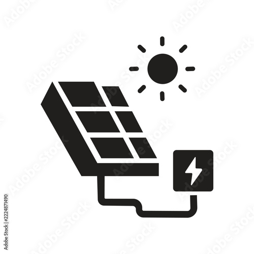 Solar panel icon with sun and electric power, renewable green energy, black silhouette vector symbol