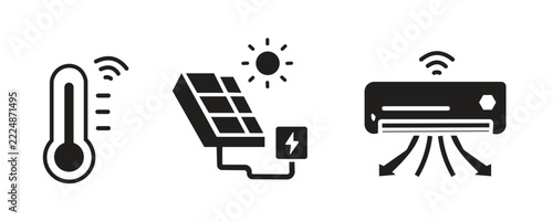 Smart home icon set, wifi thermometer, solar panel with sun and smart air conditioner, black silhouette vector