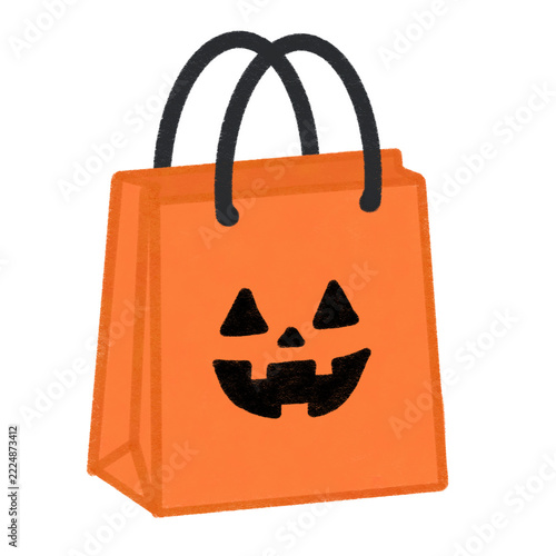 Fotografie Cute Halloween orange pumpkin trick or treat goodie paper bag vector doodle isol