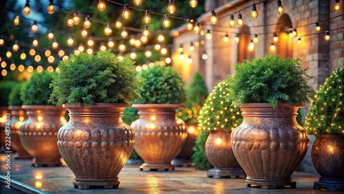 Emerald foliage bursts from terra cotta urns amidst twinkling string lights and the hum of urbanity below