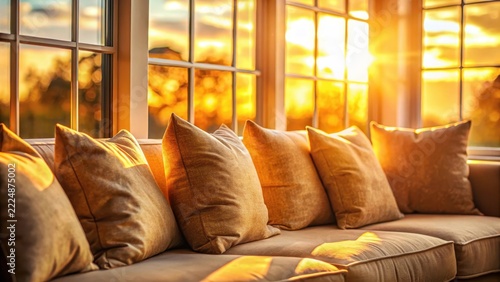 Soft focus warm golden hues seep across plush sofa cushions as sunset light dances through windowpanes in gentle harmony