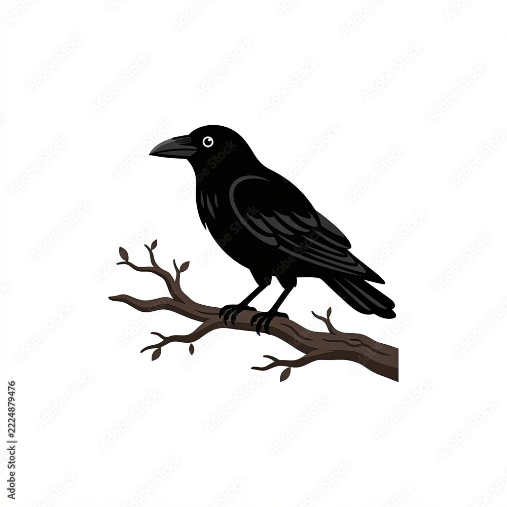 Fototapeta premium Black raven crow bird silhouette perched on bare twig tree branch isolated on white background