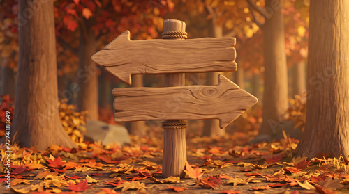 Wooden directional arrow signpost in a sunny autumn forest with fallen leaves