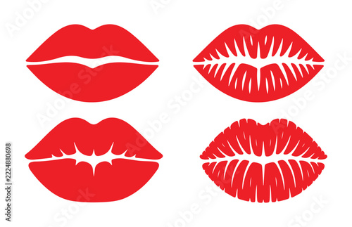Red lip kiss marks in various styles including solid and textured kiss prints for romantic designs.