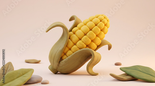 Stylized 3D render of a fresh yellow corn cob with green husks on a soft pastel background