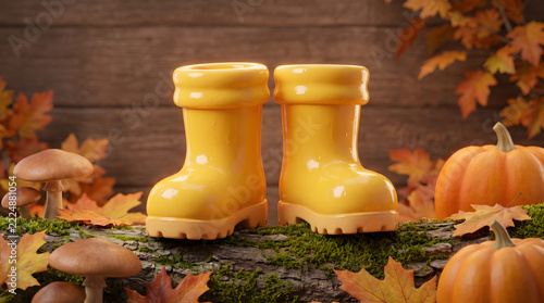 Pair of yellow rain boots on a mossy branch surrounded by pumpkins and fall maple leaves.