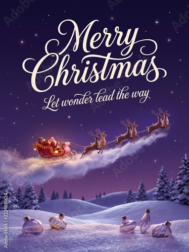 Merry Christmas Let Wonder Lead the Way Festive Sleigh and Reindeer Flying Over Snowy Landscape.