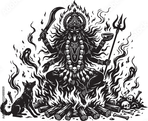 Goddess kali black and white ink drawing illustration isolated on transparent background, Vector