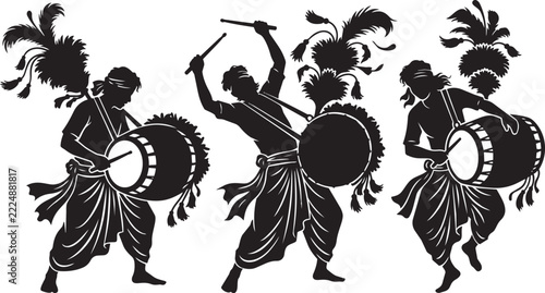 Silhouette of traditional indian drummers performing isolated on transparent background, Vector