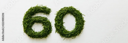 Green tea leaves are arranged to form the number 60 on a white surface. Dark loose-leaf tea complements the design, creating a unique display.