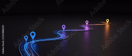 Digital road with glowing lights and map pin markers showing a route, conceptual for travel planning, navigation, or journey