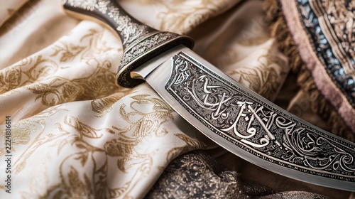 dagger. A ceremonial curved dagger with Arabic calligraphy on a silk cushion. event programs, museum guides, designed for cultural heritage projects and event programs, supports education.