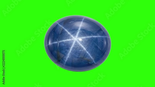 Detailed realistic 3D CGI rendering of a polished oval star sapphire gemstone displaying six-rayed asterism effect isolated on a chroma key green screen background. Ideal for luxury jewelry commercial