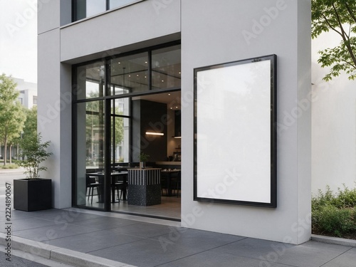 The white poster mockup displayed outside the restaurant building