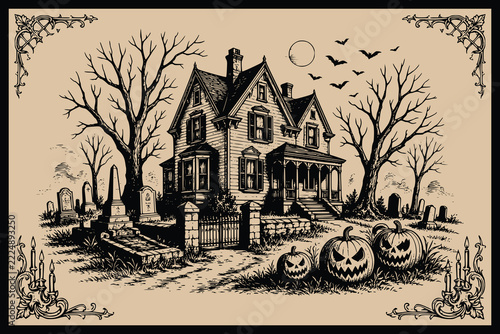 an old house with a halloween atmosphere, featuring pumpkins, graves, and bare trees