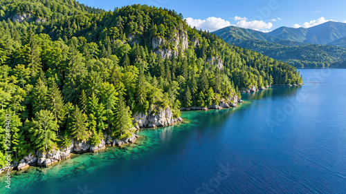 Emerald forest turquoise lake mountain cliff with clear water and blue sky