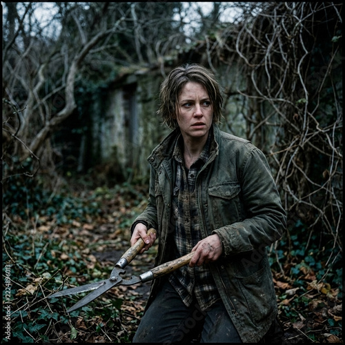 Determined Woman with Garden Shears in Overgrown Wilderness
