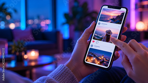 Close up of hands interacting with a social media application on a smartphone during the evening mobile phone touchscreen