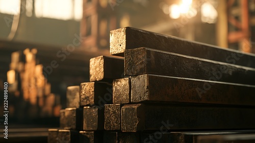 Stack of raw steel billets in industrial factory warehouse.