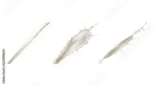 Set of three pure white milk splashes in diagonal jet formations on white background 21:9