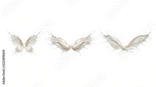 Set of three pure white milk splashes in symmetrical wing formations on white background 21:9