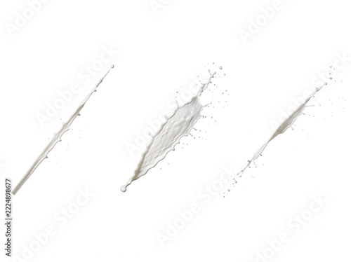 Set of three pure white milk splashes in diagonal jet formations on white background 21:9