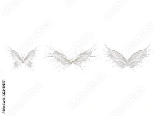 Set of three pure white milk splashes in symmetrical wing formations on white background 21:9