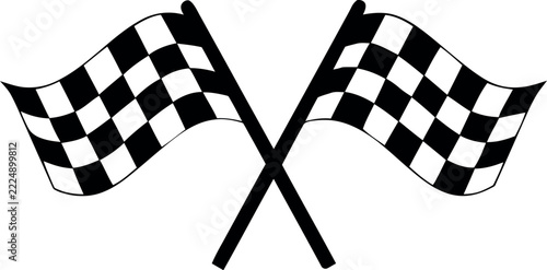 Two crossed checkered racing flags monochrome icon for finish line and motorsport event competition.