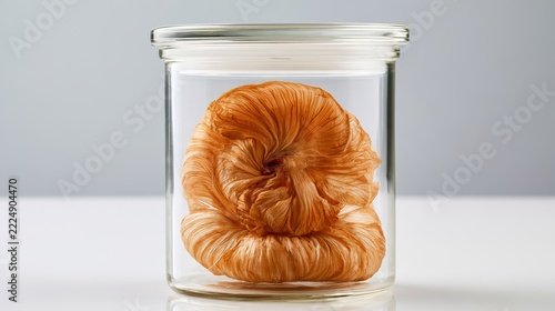 withered. A sealed glass jar with dried petals pressed flat against its inner wall. gardening catalogs, home-decor guides, designed for gardening and botanical catalogs, enhances decor appeal.